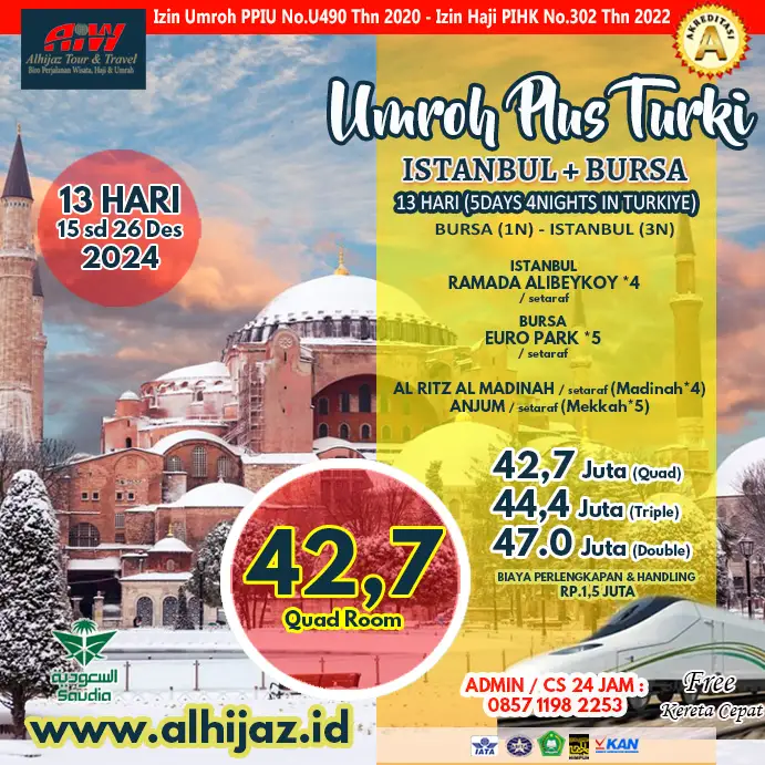 Umroh Plus Turki 2024 BURSA 13 HARI Desember